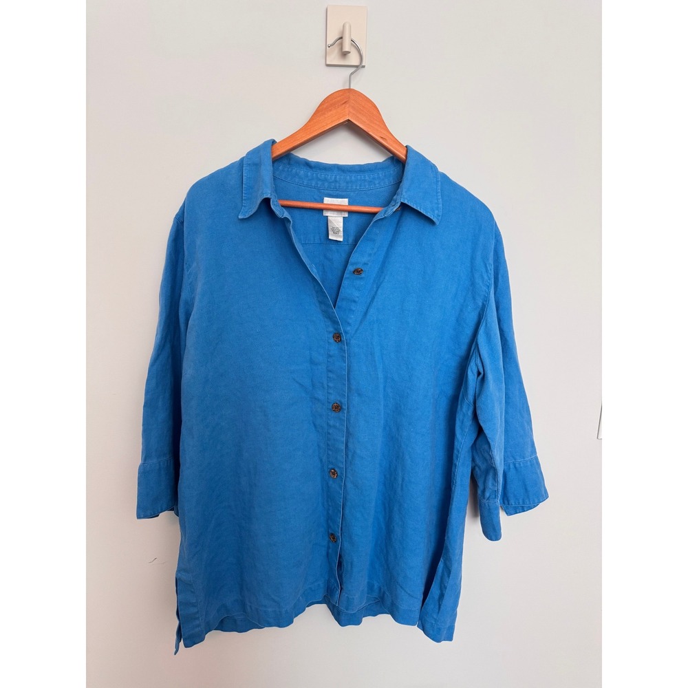 CHICO'S | Linen Button Down Shirt Women 3 Blue 3/4 Sleeve Casual Blouse Top